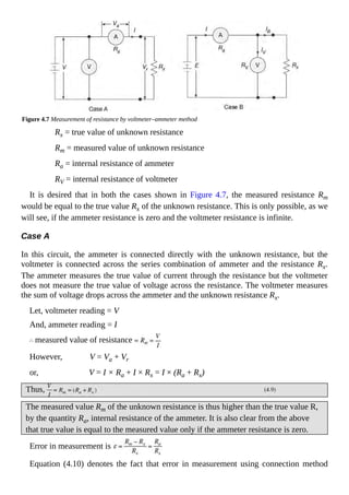 Figure 4.7 Measurement of resistance by voltmeter–ammeter method
Rx = true value of unknown resistance
Rm = measured value of unknown resistance
Ra = internal resistance of ammeter
RV = internal resistance of voltmeter
It is desired that in both the cases shown in Figure 4.7, the measured resistance Rm
would be equal to the true value Rx of the unknown resistance. This is only possible, as we
will see, if the ammeter resistance is zero and the voltmeter resistance is infinite.
Case A
In this circuit, the ammeter is connected directly with the unknown resistance, but the
voltmeter is connected across the series combination of ammeter and the resistance Rx.
The ammeter measures the true value of current through the resistance but the voltmeter
does not measure the true value of voltage across the resistance. The voltmeter measures
the sum of voltage drops across the ammeter and the unknown resistance Rx.
Let, voltmeter reading = V
And, ammeter reading = I
measured value of resistance
However, V = Va + Vr
or, V = I × Ra + I × Rx = I × (Ra + Rx)
Thus,
The measured value Rm of the unknown resistance is thus higher than the true value R,
by the quantity Ra, internal resistance of the ammeter. It is also clear from the above
that true value is equal to the measured value only if the ammeter resistance is zero.
Error in measurement is
Equation (4.10) denotes the fact that error in measurement using connection method
 