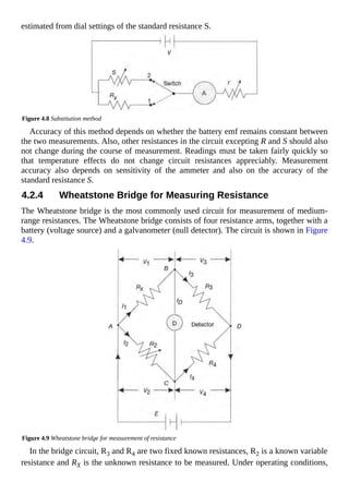 estimated from dial settings of the standard resistance S.
Figure 4.8 Substitution method
Accuracy of this method depends on whether the battery emf remains constant between
the two measurements. Also, other resistances in the circuit excepting R and S should also
not change during the course of measurement. Readings must be taken fairly quickly so
that temperature effects do not change circuit resistances appreciably. Measurement
accuracy also depends on sensitivity of the ammeter and also on the accuracy of the
standard resistance S.
4.2.4 Wheatstone Bridge for Measuring Resistance
The Wheatstone bridge is the most commonly used circuit for measurement of medium-
range resistances. The Wheatstone bridge consists of four resistance arms, together with a
battery (voltage source) and a galvanometer (null detector). The circuit is shown in Figure
4.9.
Figure 4.9 Wheatstone bridge for measurement of resistance
In the bridge circuit, R3 and R4 are two fixed known resistances, R2 is a known variable
resistance and RX is the unknown resistance to be measured. Under operating conditions,
 