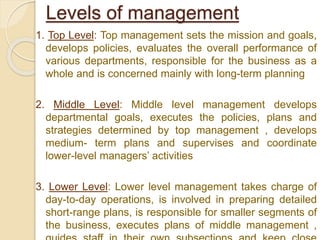 Levels of management
1. Top Level: Top management sets the mission and goals,
develops policies, evaluates the overall performance of
various departments, responsible for the business as a
whole and is concerned mainly with long-term planning
2. Middle Level: Middle level management develops
departmental goals, executes the policies, plans and
strategies determined by top management , develops
medium- term plans and supervises and coordinate
lower-level managers’ activities
3. Lower Level: Lower level management takes charge of
day-to-day operations, is involved in preparing detailed
short-range plans, is responsible for smaller segments of
the business, executes plans of middle management ,
 