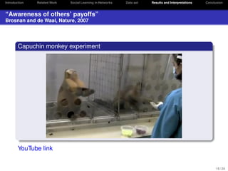 Introduction

Related Work

Social Learning in Networks

Data set

Results and Interpretations

Conclusion

“Awareness of others’ payoffs”
Brosnan and de Waal, Nature, 2007

Capuchin monkey experiment

YouTube link

15 / 24

 