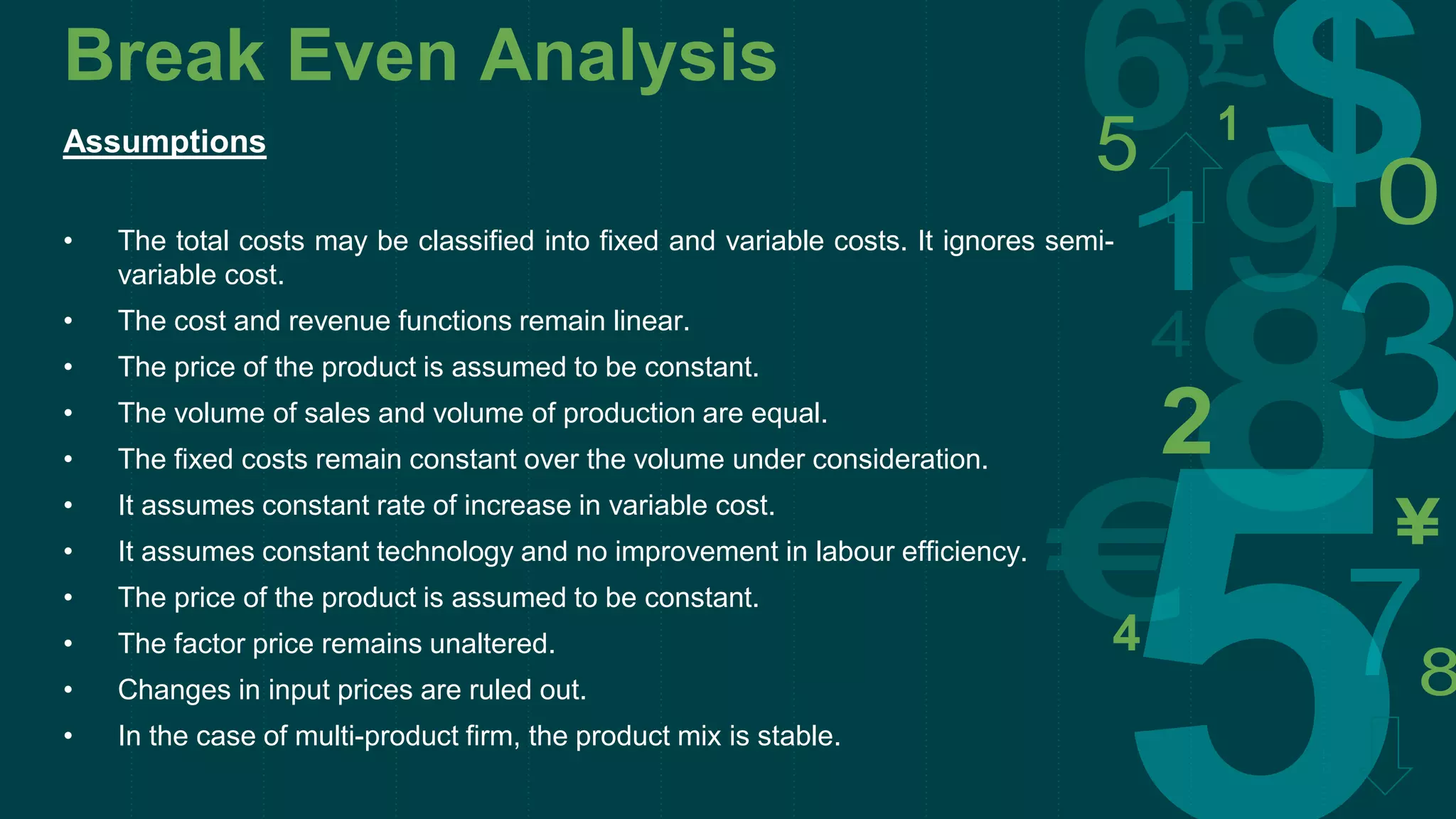 Break Even Analysis
Assumptions
• The total costs may be classified into fixed and variable costs. It ignores semi-
variable cost.
• The cost and revenue functions remain linear.
• The price of the product is assumed to be constant.
• The volume of sales and volume of production are equal.
• The fixed costs remain constant over the volume under consideration.
• It assumes constant rate of increase in variable cost.
• It assumes constant technology and no improvement in labour efficiency.
• The price of the product is assumed to be constant.
• The factor price remains unaltered.
• Changes in input prices are ruled out.
• In the case of multi-product firm, the product mix is stable.
 