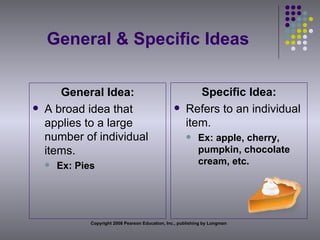 General & Specific Ideas General Idea: A broad idea that applies to a large number of individual items. Ex: Pies Specific Idea: Refers to an individual item. Ex: apple, cherry, pumpkin, chocolate cream, etc. Copyright 2008 Pearson Education, Inc., publishing by Longman 