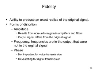 63 
Fidelity 
• Ability to produce an exact replica of the original signal. 
• Forms of distortion 
– Amplitude 
• Results from non-uniform gain in amplifiers and filters. 
• Output signal differs from the original signal 
– Frequency: frequencies are in the output that were 
not in the orginal signal 
– Phase 
• Not important for voice transmission 
• Devastating for digital transmission 
 