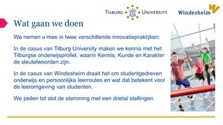 Wat gaan we doen
We nemen u mee in twee verschillende innovatiepraktijken:
In de casus van Tilburg University maken we ken...