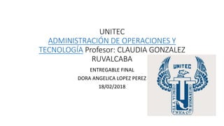 UNITEC
ADMINISTRACIÓN DE OPERACIONES Y
TECNOLOGÍA Profesor: CLAUDIA GONZALEZ
RUVALCABA
ENTREGABLE FINAL
DORA ANGELICA LOPEZ PEREZ
18/02/2018
 