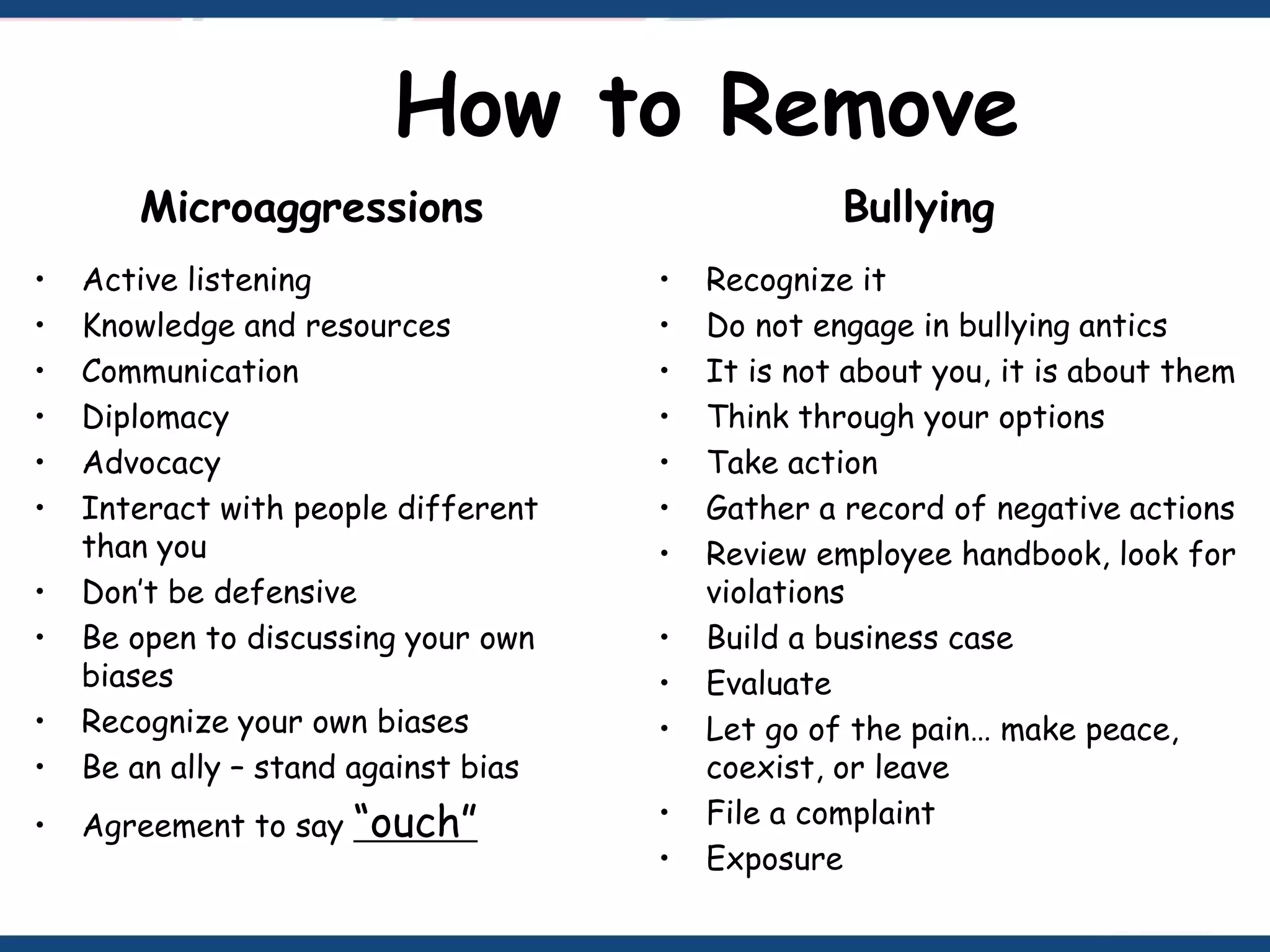 • Active listening
• Knowledge and resources
• Communication
• Diplomacy
• Advocacy
• Interact with people different
than you
• Don’t be defensive
• Be open to discussing your own
biases
• Recognize your own biases
• Be an ally – stand against bias
• Agreement to say “ouch”
How to Remove
Microaggressions Bullying
• Recognize it
• Do not engage in bullying antics
• It is not about you, it is about them
• Think through your options
• Take action
• Gather a record of negative actions
• Review employee handbook, look for
violations
• Build a business case
• Evaluate
• Let go of the pain… make peace,
coexist, or leave
• File a complaint
• Exposure
 