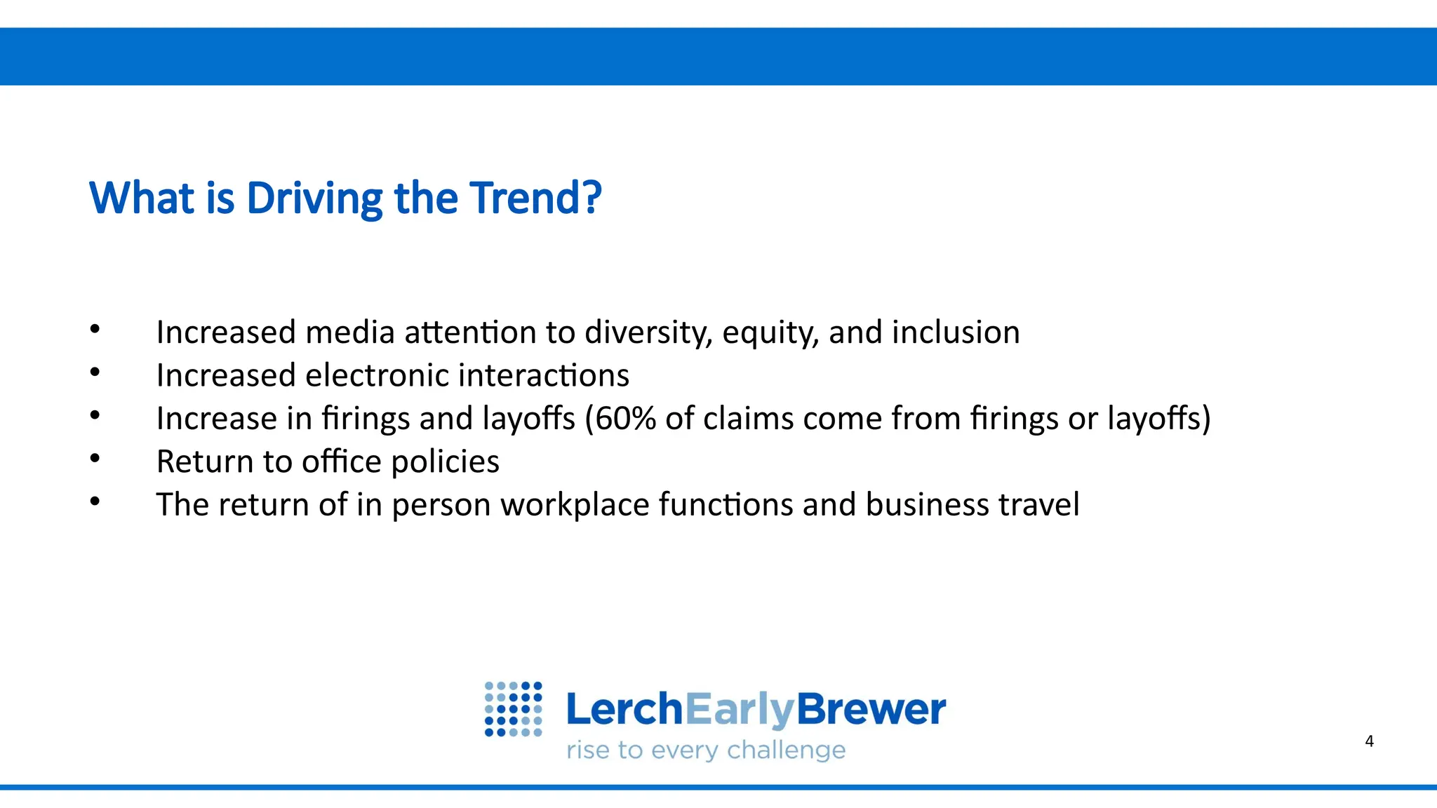 4
Why are we meeting today?
• Increased media attention to diversity, equity, and inclusion
• Increased electronic interactions
• Increase in firings and layoffs (60% of claims come from firings or layoffs)
• Return to office policies
• The return of in person workplace functions and business travel
What is Driving the Trend?
 