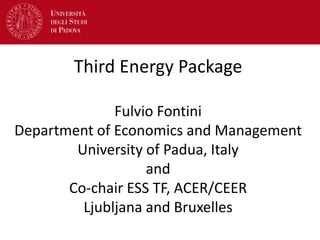 Third Energy Package
Fulvio Fontini
Department of Economics and Management
University of Padua, Italy
and
Co-chair ESS TF, ACER/CEER
Ljubljana and Bruxelles
 