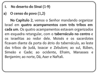 I. No deserto do Sinai (1-9)
a) O censo do povo (1,2)
No Capítulo 2, vemos o Senhor mandando organizar
Israel em quatro acampamentos com três tribos em
cada um. Os quatro acampamentos estavam organizados
em esquadra retangular, com o tabernáculo no centro e
os israelitas ao redor dele. Moisés e os sacerdotes
ficavam diante da porta do átrio do tabernáculo, ao leste
das tribos de Judá, Issacar e Zebulom; ao sul, Rúben,
Simeão e Gade; ao ocidente, Efraim, Manasses e
Benjamim; ao norte, Dã, Aser e Naftali.
 
