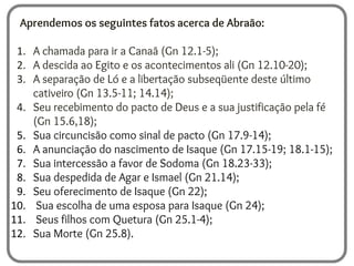 Aprendemos os seguintes fatos acerca de Abraão:
1. A chamada para ir a Canaã (Gn 12.1-5);
2. A descida ao Egito e os acontecimentos ali (Gn 12.10-20);
3. A separação de Ló e a libertação subseqüente deste último
cativeiro (Gn 13.5-11; 14.14);
4. Seu recebimento do pacto de Deus e a sua justificação pela fé
(Gn 15.6,18);
5. Sua circuncisão como sinal de pacto (Gn 17.9-14);
6. A anunciação do nascimento de Isaque (Gn 17.15-19; 18.1-15);
7. Sua intercessão a favor de Sodoma (Gn 18.23-33);
8. Sua despedida de Agar e Ismael (Gn 21.14);
9. Seu oferecimento de Isaque (Gn 22);
10. Sua escolha de uma esposa para Isaque (Gn 24);
11. Seus filhos com Quetura (Gn 25.1-4);
12. Sua Morte (Gn 25.8).
 