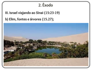 2. Êxodo
III. Israel viajando ao Sinai (15:23-19)
b) Elim, fontes e árvores (15.27);
 