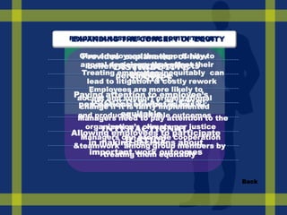 PRACTICAL LESSONSCONCEPT OFTHEORY
EXPANDING THE FROM EQUITY EQUITY

Give employees the opportunity to
Provides explanation of how
appeal decisions that affects
beliefs & attitude affect their
DISTRIBUTIVE
Treating performance
employees inequitably can
welfare
JUSTICE
lead to litigation & costly rework
Employees are more likely to
Paying attention toorganizational
accept and support employee’s
PROCEDURAL JUSTICE
perceptions of what is fair &
change if it is fairly implemented
equitable
and produces equitable outcomes
Managers need to pay attention to the

organization’s climate per justice
INTERACTIONAL
Allowing employees to participate
Managers can promote cooperation
JUSTICE
in making decisions about
&teamwork among group members by
important work equitably
treating them outcomes

Back

 