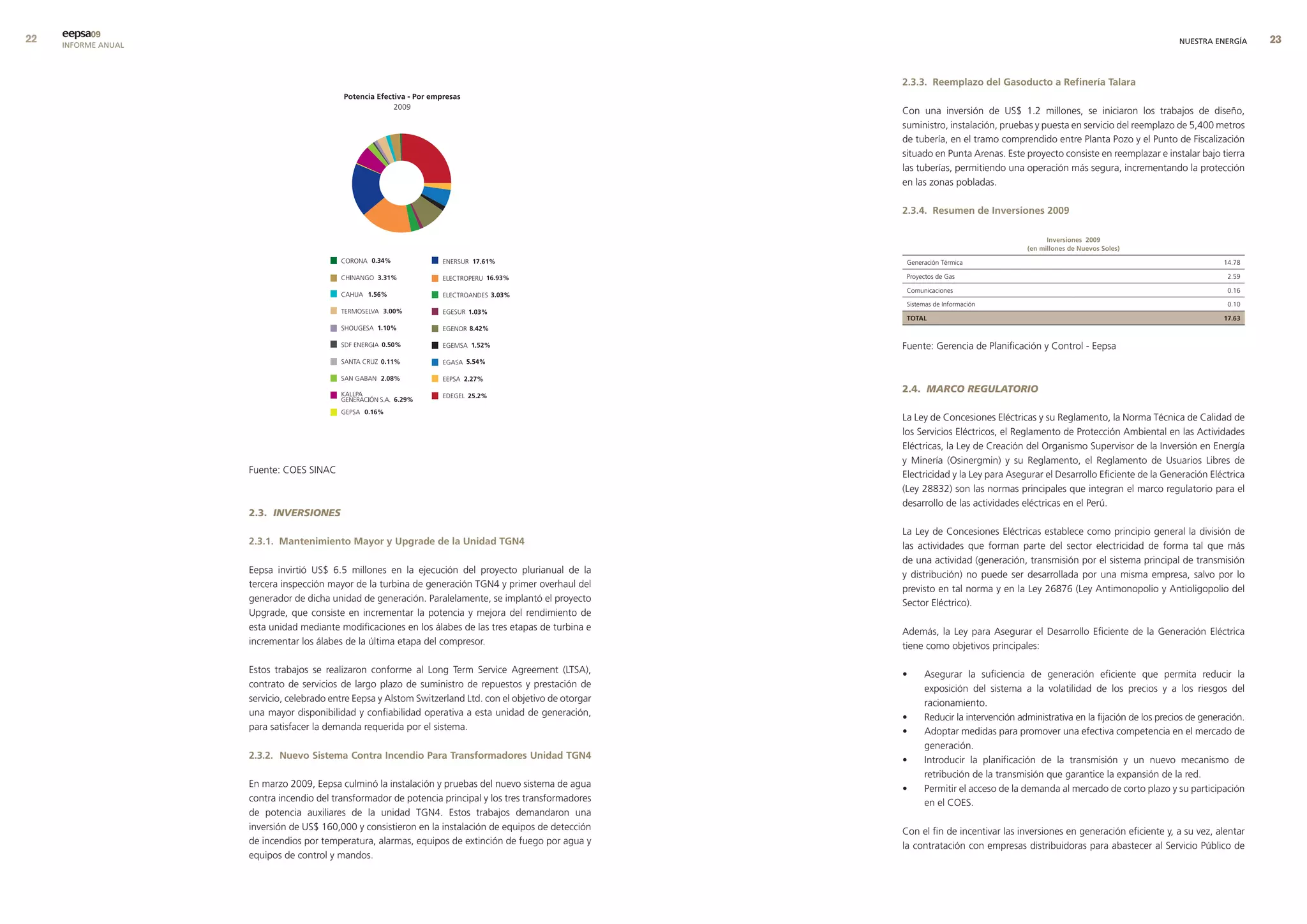 eepsa09
     INFORME ANUAL                                                                                                                                                                  NUESTRA ENERGÍA     


                                                                                                            2.3.3. reemplazo del Gasoducto a refinería talara

                                                                                                            Con una inversión de US$ 1.2 millones, se iniciaron los trabajos de diseño,
                                                                                                            suministro, instalación, pruebas y puesta en servicio del reemplazo de 5,400 metros
                                                                                                            de tubería, en el tramo comprendido entre Planta Pozo y el Punto de Fiscalización
                                                                                                            situado en Punta Arenas. Este proyecto consiste en reemplazar e instalar bajo tierra
                                                                                                            las tuberías, permitiendo una operación más segura, incrementando la protección
                                                                                                            en las zonas pobladas.

                                                                                                            2.3.4. resumen de Inversiones 2009

                                                                                                                                                  Inversiones 2009
                                                                                                                                            (en millones de nuevos soles)

                                                                                                             Generación Térmica                                                                14.78

                                                                                                             Proyectos de Gas                                                                   2.59

                                                                                                             Comunicaciones                                                                     0.16

                                                                                                             Sistemas de Información                                                            0.10

                                                                                                             total                                                                             17.63



                                                                                                            Fuente: Gerencia de Planificación y Control - Eepsa



                                                                                                            2.4. MARCO REGULATORIO

                                                                                                            La Ley de Concesiones Eléctricas y su Reglamento, la Norma Técnica de Calidad de
                                                                                                            los Servicios Eléctricos, el Reglamento de Protección Ambiental en las Actividades
                                                                                                            Eléctricas, la Ley de Creación del Organismo Supervisor de la Inversión en Energía
                                                                                                            y Minería (Osinergmin) y su Reglamento, el Reglamento de Usuarios Libres de
                     Fuente: COES SINAC                                                                     Electricidad y la Ley para Asegurar el Desarrollo Eficiente de la Generación Eléctrica
                                                                                                            (Ley 28832) son las normas principales que integran el marco regulatorio para el
                                                                                                            desarrollo de las actividades eléctricas en el Perú.
                     2.3. INVERSIONES
                                                                                                            La Ley de Concesiones Eléctricas establece como principio general la división de
                     2.3.1. mantenimiento mayor y upgrade de la unidad tGn4                                 las actividades que forman parte del sector electricidad de forma tal que más
                                                                                                            de una actividad (generación, transmisión por el sistema principal de transmisión
                     Eepsa invirtió US$ 6.5 millones en la ejecución del proyecto plurianual de la          y distribución) no puede ser desarrollada por una misma empresa, salvo por lo
                     tercera inspección mayor de la turbina de generación TGN4 y primer overhaul del        previsto en tal norma y en la Ley 26876 (Ley Antimonopolio y Antioligopolio del
                     generador de dicha unidad de generación. Paralelamente, se implantó el proyecto        Sector Eléctrico).
                     Upgrade, que consiste en incrementar la potencia y mejora del rendimiento de
                     esta unidad mediante modificaciones en los álabes de las tres etapas de turbina e      Además, la Ley para Asegurar el Desarrollo Eficiente de la Generación Eléctrica
                     incrementar los álabes de la última etapa del compresor.                               tiene como objetivos principales:

                     Estos trabajos se realizaron conforme al Long Term Service Agreement (LTSA),           •     Asegurar la suficiencia de generación eficiente que permita reducir la
                     contrato de servicios de largo plazo de suministro de repuestos y prestación de              exposición del sistema a la volatilidad de los precios y a los riesgos del
                     servicio, celebrado entre Eepsa y Alstom Switzerland Ltd. con el objetivo de otorgar         racionamiento.
                     una mayor disponibilidad y confiabilidad operativa a esta unidad de generación,        •     Reducir la intervención administrativa en la fijación de los precios de generación.
                     para satisfacer la demanda requerida por el sistema.                                   •     Adoptar medidas para promover una efectiva competencia en el mercado de
                                                                                                                  generación.
                     2.3.2. nuevo sistema contra Incendio Para transformadores unidad tGn4                  •     Introducir la planificación de la transmisión y un nuevo mecanismo de
                                                                                                                  retribución de la transmisión que garantice la expansión de la red.
                     En marzo 2009, Eepsa culminó la instalación y pruebas del nuevo sistema de agua        •     Permitir el acceso de la demanda al mercado de corto plazo y su participación
                     contra incendio del transformador de potencia principal y los tres transformadores           en el COES.
                     de potencia auxiliares de la unidad TGN4. Estos trabajos demandaron una
                     inversión de US$ 160,000 y consistieron en la instalación de equipos de detección      Con el fin de incentivar las inversiones en generación eficiente y, a su vez, alentar
                     de incendios por temperatura, alarmas, equipos de extinción de fuego por agua y        la contratación con empresas distribuidoras para abastecer al Servicio Público de
                     equipos de control y mandos.
 