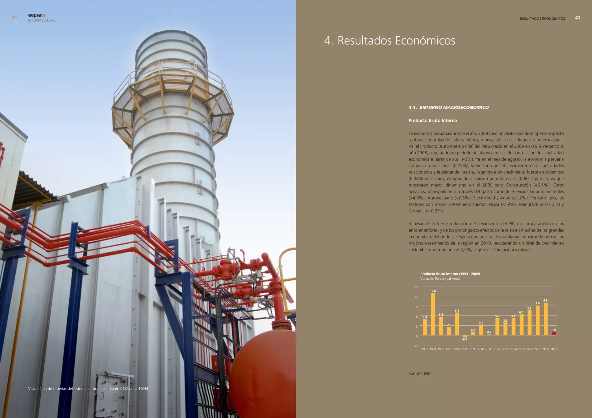 0   eepsa09
     INFORME ANUAL                                                                                                                                      RESULTADOS ECONÓMICOS      




                                                                              4. Resultados Económicos




                                                                                             4.1. ENTORNO MACROECONOMICO

                                                                                             Producto bruto Interno

                                                                                             La economía peruana durante el año 2009 tuvo un destacado desempeño respecto
                                                                                             a otras economías de Latinoamérica, a pesar de la crisis financiera internacional.
                                                                                             Así el Producto Bruto Interno (PBI) del Perú creció en el 2009 en 0.9% respecto al
                                                                                             año 2008, superando un período de algunos meses de contracción de la actividad
                                                                                             económica a partir de abril (-2%). Ya en el mes de agosto, la economía peruana
                                                                                             comenzó a reaccionar (0,25%), sobre todo por el crecimiento de las actividades
                                                                                             relacionadas a la demanda interna, llegando a un crecimiento fuerte en diciembre
                                                                                             (6.38% en el mes, comparado al mismo periodo en el 2008). Los sectores que
                                                                                             mostraron mayor dinamismo en el 2009 son: Construcción (+6.1%); Otros
                                                                                             Servicios, principalmente a través del gasto corriente Servicios Gubernamentales
                                                                                             (+4.3%); Agropecuario (+2.3%); Electricidad y Agua (+1,2%). Por otro lado, los
                                                                                             sectores con menor desempeño fueron: Pesca (-7,9%), Manufactura (-7,2%) y
                                                                                             Comercio (-0,3%).

                                                                                             A pesar de la fuerte reducción del crecimiento del PBI, en comparación con los
                                                                                             años anteriores, y de los prolongados efectos de la crisis en muchas de las grandes
                                                                                             economías del mundo, se espera que nuestra economía siga mostrando uno de los
                                                                                             mejores desempeños de la región en 2010, recuperando un nivel de crecimiento
                                                                                             sostenible que superaría el 4,5%, según las estimaciones oficiales.




                                                                                             Fuente: INEI


     Vista aérea de tuberías del sistema contra incendio de CO2 de la TGN4.
 