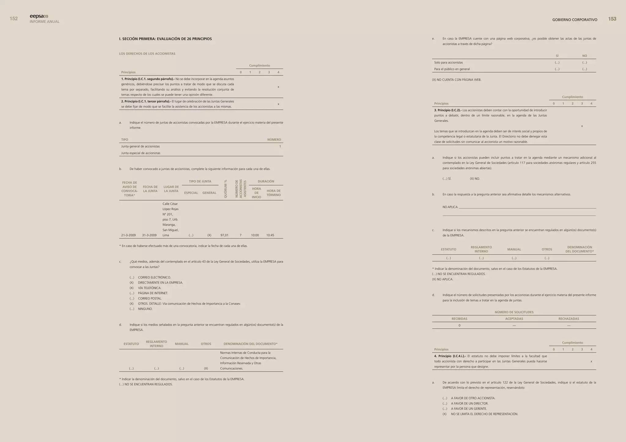 eepsa09
      INFORME ANUAL                                                                                                                                                                                                                                     GOBIERNO CORPORATIVO                


                      I. seccIón PrImera: evaluacIón de 26 PrIncIPIos                                                                                        e.     En caso la EMPRESA cuente con una página web corporativa, ¿es posible obtener las actas de las juntas de
                                                                                                                                                                    accionistas a través de dicha página?


                      los derecHos de los accIonIstas
                                                                                                                                                                                                                                                             sí                 no

                                                                                                                                                              Solo para accionistas                                                                         (...)               (...)
                                                                                                                                cumplimiento
                                                                                                                                                              Para el público en general                                                                    (...)               (...)
                       Principios                                                                                     0         1       2     3      4

                       1. Principio (I.c.1. segundo párrafo).- No se debe incorporar en la agenda asuntos                                                    (X) NO CUENTA CON PÁGINA WEB.
                       genéricos, debiéndose precisar los puntos a tratar de modo que se discuta cada
                                                                                                                                                     x
                       tema por separado, facilitando su análisis y evitando la resolución conjunta de
                       temas respecto de los cuales se puede tener una opinión diferente.
                                                                                                                                                                                                                                                                    cumplimiento
                       2. Principio (I.c.1. tercer párrafo).- El lugar de celebración de las Juntas Generales
                                                                                                                                                     x        Principios                                                                                0           1       2   3       4
                       se debe fijar de modo que se facilite la asistencia de los accionistas a las mismas.
                                                                                                                                                              3. Principio (I.c.2).- Los accionistas deben contar con la oportunidad de introducir
                                                                                                                                                              puntos a debatir, dentro de un límite razonable, en la agenda de las Juntas
                                                                                                                                                              Generales.
                      a.      Indique el número de juntas de accionistas convocadas por la EMPRESA durante el ejercicio materia del presente
                                                                                                                                                                                                                                                                                x
                              informe.
                                                                                                                                                              Los temas que se introduzcan en la agenda deben ser de interés social y propios de
                                                                                                                                                              la competencia legal o estatutaria de la Junta. El Directorio no debe denegar esta
                       tIPo                                                                                                                  nÚmero
                                                                                                                                                              clase de solicitudes sin comunicar al accionista un motivo razonable.
                       Junta general de accionistas                                                                                                      1

                       Junta especial de accionistas
                                                                                                                                                             a.     Indique si los accionistas pueden incluir puntos a tratar en la agenda mediante un mecanismo adicional al
                                                                                                                                                                    contemplado en la Ley General de Sociedades (artículo 117 para sociedades anónimas regulares y artículo 255
                      b.      De haber convocado a juntas de accionistas, complete la siguiente información para cada una de ellas.                                 para sociedades anónimas abiertas).


                                                                                                                                                                    (...) SÍ.                 (X) NO.




                                                                                                                  accIonIstas
                                                                                  tIPo de Junta                                        duracIón




                                                                                                       Quórum %


                                                                                                                  nÚmero de

                                                                                                                  asIstentes
                       fecHa de
                        avIso de         fecHa de        luGar de
                                                                                                                                    Hora
                       convoca-          la Junta        la Junta                                                                            Hora de
                                                                                esPecIal   General                                    de                     b.     En caso la respuesta a la pregunta anterior sea afirmativa detalle los mecanismos alternativos.
                         torIa*                                                                                                              tÉrmIno
                                                                                                                                    InIcIo

                                                         Calle César
                                                                                                                                                                    NO APLICA. _______________________________________________________________________________________
                                                         López Rojas
                                                         N° 201,                                                                                                    _________________________________________________________________________________________________
                                                         piso 7, Urb.
                                                         Maranga,
                                                         San Miguel,                                                                                         c.     Indique si los mecanismos descritos en la pregunta anterior se encuentran regulados en algún(os) documento(s)
                       21-3-2009         31-3-2009       Lima                     (...)       (X)    97,01            7          10:00       10:45                  de la EMPRESA.


                      * En caso de haberse efectuado más de una convocatoria, indicar la fecha de cada una de ellas.                                                                          reGlamento                                                                 denomInacIón
                                                                                                                                                                   estatuto                                          manual                   otros
                                                                                                                                                                                                Interno                                                                 del documento*

                                                                                                                                                                          (...)                     (...)               (...)                   (...)
                      c.      ¿Qué medios, además del contemplado en el artículo 43 de la Ley General de Sociedades, utiliza la EMPRESA para
                              convocar a las Juntas?
                                                                                                                                                             * Indicar la denominación del documento, salvo en el caso de los Estatutos de la EMPRESA.
                                                                                                                                                             (...) NO SE ENCUENTRAN REGULADOS.
                              (...)   CORREO ELECTRÓNICO.
                                                                                                                                                             (X) NO APLICA.
                              (X)     DIRECTAMENTE EN LA EMPRESA.
                              (X)     VÍA TELEFÓNICA.
                              (...)   PÁGINA DE INTERNET.
                                                                                                                                                             d.     Indique el número de solicitudes presentadas por los accionistas durante el ejercicio materia del presente informe
                              (...)   CORREO POSTAL.
                                                                                                                                                                    para la inclusión de temas a tratar en la agenda de juntas.
                              (X)     OTROS. DETALLE: Vía comunicación de Hechos de Importancia a la Conasev.
                              (...)   NINGUNO.
                                                                                                                                                                                                             nÚmero de solIcItudes

                                                                                                                                                                                  recIbIdas                        acePtadas                                      recHaZadas
                      d.      Indique si los medios señalados en la pregunta anterior se encuentran regulados en algún(os) documento(s) de la                                         0                                 —                                               —
                              EMPRESA.


                                           reGlamento                                                                                                                                                                                                               cumplimiento
                           estatuto                                manual                  otros       denomInacIón del documento*
                                             Interno
                                                                                                                                                              Principios                                                                                0           1       2   3       4
                                                                                                     Normas Internas de Conducta para la
                                                                                                                                                              4. Principio (I.c.4.i.).- El estatuto no debe imponer límites a la facultad que
                                                                                                     Comunicación de Hechos de Importancia,
                                                                                                                                                              todo accionista con derecho a participar en las Juntas Generales pueda hacerse                                            x
                                                                                                     Información Reservada y Otras
                                                                                                                                                              representar por la persona que designe.
                              (...)              (...)                  (...)               (X)      Comunicaciones.


                      * Indicar la denominación del documento, salvo en el caso de los Estatutos de la EMPRESA.
                                                                                                                                                             a.     De acuerdo con lo previsto en el artículo 122 de la Ley General de Sociedades, indique si el estatuto de la
                      (...) NO SE ENCUENTRAN REGULADOS.
                                                                                                                                                                    EMPRESA limita el derecho de representación, reservándolo:


                                                                                                                                                                    (...)         A FAVOR DE OTRO ACCIONISTA.
                                                                                                                                                                    (...)         A FAVOR DE UN DIRECTOR.
                                                                                                                                                                    (...)         A FAVOR DE UN GERENTE.
                                                                                                                                                                    (X)           NO SE LIMITA EL DERECHO DE REPRESENTACIÓN.
 