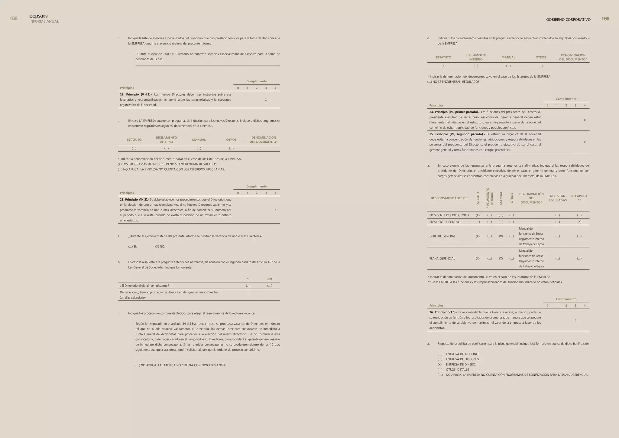eepsa09
      INFORME ANUAL                                                                                                                                                                                                                                            GOBIERNO CORPORATIVO                9


                      c.     Indique la lista de asesores especializados del Directorio que han prestado servicios para la toma de decisiones de    d.      Indique si los procedimientos descritos en la pregunta anterior se encuentran contenidos en algún(os) documento(s)
                             la EMPRESA durante el ejercicio materia del presente informe.                                                                  de la EMPRESA.


                                    Durante el ejercicio 2009 el Directorio no contrató servicios especializados de asesores para la toma de                                        reGlamento                                                                             denomInacIón
                                                                                                                                                           estatuto                                                    manual                       otros
                                    decisiones de Eepsa.                                                                                                                              Interno                                                                             del documento*
                                    __________________________________________________________________________________________
                                                                                                                                                                  (X)                    (...)                              (...)                      (...)


                                                                                                                                                    * Indicar la denominación del documento, salvo en el caso de los Estatutos de la EMPRESA.
                                                                                                                       cumplimiento                 (...) NO SE ENCUENTRAN REGULADOS.
                       Principios                                                                                 0    1        2    3         4

                       22. Principio (v.H.1).- Los nuevos Directores deben ser instruidos sobre sus
                       facultades y responsabilidades, así como sobre las características y la estructura                            X                                                                                                                                cumplimiento
                       organizativa de la sociedad.                                                                                                  Principios                                                                                                0      1       2    3           4

                                                                                                                                                     24. Principio (v.I, primer párrafo).- Las funciones del presidente del Directorio,
                                                                                                                                                     presidente ejecutivo de ser el caso, así como del gerente general deben estar
                      a.     En caso LA EMPRESA cuente con programas de inducción para los nuevos Directores, indique si dichos programas se                                                                                                                                                   x
                                                                                                                                                     claramente delimitadas en el estatuto o en el reglamento interno de la sociedad
                             encuentran regulados en algún(os) documento(s) de la EMPRESA.
                                                                                                                                                     con el fin de evitar duplicidad de funciones y posibles conflictos.

                                                                                                                                                     25. Principio (v.I, segundo párrafo).- La estructura orgánica de la sociedad
                                                   reGlamento                                                                 denomInacIón
                            estatuto                                          manual                    otros                                        debe evitar la concentración de funciones, atribuciones y responsabilidades en las
                                                     Interno                                                                 del documento*                                                                                                                                                    x
                                                                                                                                                     personas del presidente del Directorio, el presidente ejecutivo de ser el caso, el
                                (...)                      (...)                  (...)                   (...)                                      gerente general y otros funcionarios con cargos gerenciales.

                      * Indicar la denominación del documento, salvo en el caso de los Estatutos de la EMPRESA.
                      (X) LOS PROGRAMAS DE INDUCCIÓN NO SE ENCUENTRAN REGULADOS.                                                                    a.      En caso alguna de las respuestas a la pregunta anterior sea afirmativa, indique si las responsabilidades del
                      (...) NO APLICA. LA EMPRESA NO CUENTA CON LOS REFERIDOS PROGRAMAS.                                                                    presidente del Directorio, el presidente ejecutivo, de ser el caso, el gerente general y otros funcionarios con
                                                                                                                                                            cargos gerenciales se encuentran contenidas en algún(os) documento(s) de la EMPRESA.


                                                                                                                       cumplimiento




                                                                                                                                                                                                      reGlamento
                                                                                                                                                                                           estatuto
                       Principios                                                                                 0    1        2    3         4




                                                                                                                                                                                                                   manual
                                                                                                                                                                                                        Interno
                                                                                                                                                                                                                                        denomInacIón




                                                                                                                                                                                                                                otros
                                                                                                                                                                                                                                                                    no estÁn      no aPlIca
                       23. Principio v.H.3).- Se debe establecer los procedimientos que el Directorio sigue                                              resPonsabIlIdades de:                                                               del
                                                                                                                                                                                                                                                                   reGuladas         **
                                                                                                                                                                                                                                         documento*
                       en la elección de uno o más reemplazantes, si no hubiera Directores suplentes y se
                       produjese la vacancia de uno o más Directores, a fin de completar su número por                                         X
                       el periodo que aún resta, cuando no exista disposición de un tratamiento distinto                                             PRESIDENTE DEL DIRECTORIO             (X)          (...)      (...)       (...)                                  (...)            (...)
                       en el estatuto.                                                                                                               PRESIDENTE EJECUTIVO                 (...)         (...)      (...)       (...)                                  (...)            (X)

                                                                                                                                                                                                                                        Manual de
                                                                                                                                                                                                                                        funciones de Eepsa
                      a.     ¿Durante el ejercicio materia del presente informe se produjo la vacancia de uno o más Directores?                      GERENTE GENERAL                       (X)          (...)      (X)         (...)                                  (...)            (...)
                                                                                                                                                                                                                                        Reglamento interno
                                                                                                                                                                                                                                        de trabajo de Eepsa
                             (...) SÍ.            (X) NO.
                                                                                                                                                                                                                                        Manual de
                                                                                                                                                                                                                                        funciones de Eepsa
                                                                                                                                                     PLANA GERENCIAL                       (X)          (...)      (X)         (...)                                  (...)            (...)
                      b.     En caso la respuesta a la pregunta anterior sea afirmativa, de acuerdo con el segundo párrafo del artículo 157 de la                                                                                       Reglamento interno
                             Ley General de Sociedades, indique lo siguiente:                                                                                                                                                           de trabajo de Eepsa


                                                                                                                                                    * Indicar la denominación del documento, salvo en el caso de los Estatutos de la EMPRESA.
                                                                                                                        sí               no
                                                                                                                                                    ** En la EMPRESA las funciones y las responsabilidades del funcionario indicado no están definidas.
                       ¿El Directorio eligió al reemplazante?                                                          (...)             (…)

                       De ser el caso, tiempo promedio de demora en designar al nuevo Director
                                                                                                                       —
                       (en días calendario).                                                                                                                                                                                                                          cumplimiento

                                                                                                                                                     Principios                                                                                                0      1       2    3           4

                      c.     Indique los procedimientos preestablecidos para elegir al reemplazante de Directores vacantes.                          26. Principio v.I.5).- Es recomendable que la Gerencia reciba, al menos, parte de
                                                                                                                                                     su retribución en función a los resultados de la empresa, de manera que se asegure
                                                                                                                                                                                                                                                                                   X
                                    Según lo estipulado en el artículo 34 del Estatuto, en caso se produzca vacancia de Directores en número         el cumplimiento de su objetivo de maximizar el valor de la empresa a favor de los
                                    tal que no pueda reunirse válidamente el Directorio, los demás Directores convocarán de inmediato a              accionistas.
                                    Junta General de Accionistas para proceder a la elección del nuevo Directorio. De no formularse esta
                                    convocatoria, o de haber vacado en el cargo todos los Directores, corresponderá al gerente general realizar
                                    de inmediato dicha convocatoria. Si las referidas convocatorias no se produjesen dentro de los 10 días          a.      Respecto de la política de bonificación para la plana gerencial, indique la(s) forma(s) en que se da dicha bonificación.
                                    siguientes, cualquier accionista podrá solicitar al juez que la ordene vía proceso sumarísimo.
                                    __________________________________________________________________________________________                              (...)       ENTREGA DE ACCIONES.
                                                                                                                                                            (...)       ENTREGA DE OPCIONES.
                                    (...) NO APLICA. LA EMPRESA NO CUENTA CON PROCEDIMIENTOS.                                                               (X)         ENTREGA DE DINERO.
                                                                                                                                                            (...)       OTROS. DETALLE ___________________________________________________________________________
                                                                                                                                                            (…)         NO APLICA. LA EMPRESA NO CUENTA CON PROGRAMAS DE BONIFICACIÓN PARA LA PLANA GERENCIAL.
 