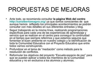PROPUESTAS DE MEJORAS
• Ante todo, se recomienda consultar la página Web del centro
http://sanalbertomagno.org/ ya que somos conscientes de que
aunque hemos reflejado los principales acontecimientos se podrán
consultar con más detalles en sus diferentes entradas y blog.
• Seguir trabajando en la misma línea, realizando programaciones
específicas para cada una de las experiencias de aprendizaje y
servicio que se realizan en el centro para conseguir la continuidad
en el tiempo que siempre referimos y que estamos seguros que
fomentan el buen ambiente en nuestro colegio y la identificación de
toda la Comunidad Educativa con el Proyecto Educativo que entre
todos vamos construyendo.
• Profundizar en el tema de “mediación” como método para la
resolución de conflictos.
• Reformular los objetivos del proyecto “Escuela:espacio de paz” para
que se puedan aplicar a todos los miembros de la Comunidad
educativa y no en exclusiva a los alumnos y alumnas.
 