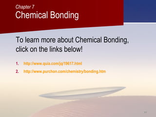 2424
1. http://www.quia.com/jq/19617.html
2. http://www.purchon.com/chemistry/bonding.htm
To learn more about Chemical Bonding,
click on the links below!
Chemical Bonding
Chapter 7
 