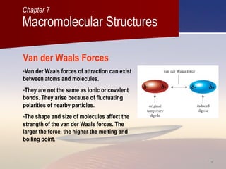 3232
Macromolecular Structures
Chapter 7
Van der Waals Forces
-Van der Waals forces of attraction can exist
between atoms and molecules.
-They are not the same as ionic or covalent
bonds. They arise because of fluctuating
polarities of nearby particles.
-The shape and size of molecules affect the
strength of the van der Waals forces. The
larger the force, the higher the melting and
boiling point.
 