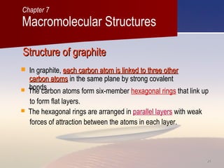 3434
Structure of graphiteStructure of graphite
 In graphite,In graphite, each carbon atom is linked to three othereach carbon atom is linked to three other
carbon atomscarbon atoms in the same plane by strong covalentin the same plane by strong covalent
bondsbonds.. The carbon atoms form six-member hexagonal rings that link up
to form flat layers.
 The hexagonal rings are arranged in parallel layers with weak
forces of attraction between the atoms in each layer.
Macromolecular Structures
Chapter 7
 