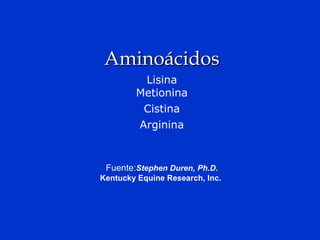 AminoácidosAminoácidos
Lisina
Metionina
Cistina
Arginina
Fuente:Stephen Duren, Ph.D.
Kentucky Equine Research, Inc.
 