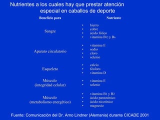 Nutrientes a los cuales hay que prestar atención
especial en caballos de deporte
Beneficio para Nutriente
SangreSangre
•• hierrohierro
•• cobrecobre
•• ácido fólicoácido fólico
•• vitamina Bvitamina B1212 y By B66
Aparato circulatorioAparato circulatorio
•• vitamina Evitamina E
•• sodiosodio
•• clorocloro
•• selenioselenio
EsqueletoEsqueleto
•• calcíocalcío
•• fósforofósforo
•• vitamina Dvitamina D
MúsculoMúsculo
(integridad celular)(integridad celular)
•• vitamina Evitamina E
•• selenioselenio
MúsculoMúsculo
(metabolismo energético)(metabolismo energético)
•• vitamina Bvitamina B11 y By B22
•• ácido pantoténicoácido pantoténico
•• ácido nicotínicoácido nicotínico
•• magnesiomagnesio
Fuente: Comunicación del Dr. Arno Lindner (Alemania) durante CICADE 2001
 