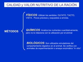 CALIDAD y VALOR NUTRITIVO DE LA RACIÓN
MÉTODOS
FÍSICOSFÍSICOS: Utilizan los sentidos: OLFATO, TACTO,
VISTA. Pocos precisos y expuestos a errores.
QUÍMICOSQUÍMICOS: Analiza los nutrientes cuantitativamente,
pero no lo relaciona con la utilización por el animal
BIOLÓGICOSBIOLÓGICOS: Son utilizados simuladores del
comportamiento digestivo en el animal. Se verifica con
animales de experimentación o ensayo enzimático “in vitro”
 