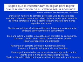 Reglas que le recomendamos seguir para lograr
que la alimentación de su caballo sea la adecuada:
Darle gran número de comidas pero cada una de ellas de pocaDarle gran número de comidas pero cada una de ellas de poca
cantidad: el estado natural del caballo le hace comer prácticamentecantidad: el estado natural del caballo le hace comer prácticamente
de forma constante, nunca debemos dejarle más de ocho horasde forma constante, nunca debemos dejarle más de ocho horas
seguidas sin comer.seguidas sin comer.
Cree una rutina y sígala: los caballos son animales de costumbres,Cree una rutina y sígala: los caballos son animales de costumbres,
cualquier cambio en el horario de sus comidas puedecualquier cambio en el horario de sus comidas puede
llegar a producirles una alteración.llegar a producirles una alteración.
Mantenga limpias todas las zonas de almacenaje de la comida.Mantenga limpias todas las zonas de almacenaje de la comida.
Intente que el heno permanezca siempre seco.Intente que el heno permanezca siempre seco.
Vigile a diario la calidad de todos los alimentos antes de suministrarlosVigile a diario la calidad de todos los alimentos antes de suministrarlos.
Fuente: Instructivo de Centros Hípicos de España
Mantenga un correcto abrevado, fundamentalmenteMantenga un correcto abrevado, fundamentalmente
durante y luego de la ingesta de los alimentos.durante y luego de la ingesta de los alimentos.
Suministre primero el alimento fibroso y luego que consuma éste,Suministre primero el alimento fibroso y luego que consuma éste,
ofrézcale posteriormente el concentradoofrézcale posteriormente el concentrado
 