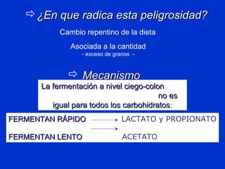 ¿En que radica esta peligrosidad?¿En que radica esta peligrosidad?
Asociada a la cantidad
- exceso de granos -
Cambio repentino de la dieta
La fermentación a nivel ciego-colonLa fermentación a nivel ciego-colon
no esno es
igual para todos los carbohidratosigual para todos los carbohidratos::
 MecanismoMecanismo
FERMENTAN RÁPIDOFERMENTAN RÁPIDO LACTATO y PROPIONATO
FERMENTAN LENTOFERMENTAN LENTO ACETATO
 