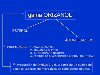 gama ORIZANOLgama ORIZANOL
ESTEROLESTEROL
ÁCIDO FERULICOÁCIDO FERULICO
 PROPIEDADESPROPIEDADES: 1.- ANABOLIZANTES.
2.- GANANCIA de PESO.
3.- ANTIOXIDANTE NATURAL.
4.- REDUCE LA APARICIÓN DE ÚLCERAS GÁSTRICAS.
 Producción de OMEGA 3 y 6OMEGA 3 y 6, a partir de un cultivo de
algunas especies de microalgas en condiciones óptimas
 