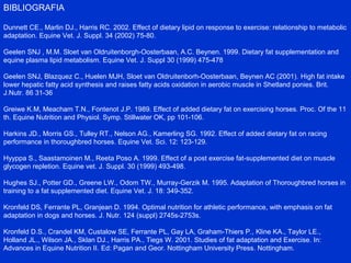 BIBLIOGRAFIA
Dunnett CE., Marlin DJ., Harris RC. 2002. Effect of dietary lipid on response to exercise: relationship to metabolic
adaptation. Equine Vet. J. Suppl. 34 (2002) 75-80.
Geelen SNJ , M.M. Sloet van Oldruitenborgh-Oosterbaan, A.C. Beynen. 1999. Dietary fat supplementation and
equine plasma lipid metabolism. Equine Vet. J. Suppl 30 (1999) 475-478
Geelen SNJ, Blazquez C., Huelen MJH, Sloet van Oldruitenborh-Oosterbaan, Beynen AC (2001). High fat intake
lower hepatic fatty acid synthesis and raises fatty acids oxidation in aerobic muscle in Shetland ponies. Brit.
J.Nutr. 86 31-36
Greiwe K.M, Meacham T.N., Fontenot J.P. 1989. Effect of added dietary fat on exercising horses. Proc. Of the 11
th. Equine Nutrition and Physiol. Symp. Stillwater OK, pp 101-106.
Harkins JD., Morris GS., Tulley RT., Nelson AG., Kamerling SG. 1992. Effect of added dietary fat on racing
performance in thoroughbred horses. Equine Vet. Sci. 12: 123-129.
Hyyppa S., Saastamoinen M., Reeta Poso A. 1999. Effect of a post exercise fat-supplemented diet on muscle
glycogen repletion. Equine vet. J. Suppl. 30 (1999) 493-498.
Hughes SJ., Potter GD., Greene LW., Odom TW., Murray-Gerzik M. 1995. Adaptation of Thoroughbred horses in
training to a fat supplemented diet. Equine Vet. J. 18: 349-352.
Kronfeld DS, Ferrante PL, Granjean D. 1994. Optimal nutrition for athletic performance, with emphasis on fat
adaptation in dogs and horses. J. Nutr. 124 (suppl) 2745s-2753s.
Kronfeld D.S., Crandel KM, Custalow SE, Ferrante PL, Gay LA, Graham-Thiers P., Kline KA., Taylor LE.,
Holland JL., Wilson JA., Sklan DJ., Harris PA., Tiegs W. 2001. Studies of fat adaptation and Exercise. In:
Advances in Equine Nutrition II. Ed: Pagan and Geor. Nottingham University Press. Nottingham.
 