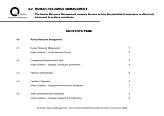 4.0 HUMAN RESOURCE MANAGEMENT
The Human Resource Management category focuses on how the potential of employees is effectively
harnessed to achieve excellence
4.0 Human Resource Management – Internal Audit V1.0 ©The Federation for School Improvement 2018
CONTENTS PAGE
4.0 Human Resource Management
4.1 Human Resource Management 1
Auditor Guidance – Human Resource Planning 2
4.2 Competence Development of Staff 3
Auditor Guidance – Employee Learning and Development 4
4.3 Internal Communication 5
4.4 Teachers’ Standards 6
Auditor Guidance – Employee Performance and Recognition 7
4.5 Staff Commitment and Involvement 8
Auditor Guidance – Employee Engagement and Well-Being 9
 