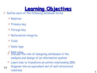 Learning Objectives Define each of the following database terms Relation Primary key Foreign key Referential integrity Field Data type Null value 9.2 Discuss the role of designing databases in the analysis and design of an information system Learn how to transform an entity-relationship (ER) Diagram into an equivalent set of well-structured relations 