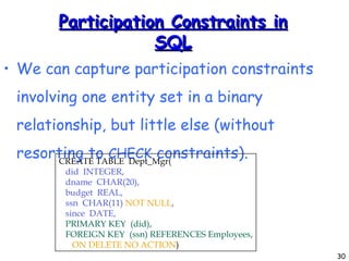 Participation Constraints in SQL We can capture participation constraints involving one entity set in a binary relationship, but little else (without resorting to  CHECK  constraints). CREATE TABLE  Dept_Mgr( did  INTEGER, dname  CHAR(20), budget  REAL, ssn  CHAR(11)  NOT NULL , since  DATE, PRIMARY KEY  (did), FOREIGN KEY  (ssn) REFERENCES Employees, ON DELETE NO ACTION )‏ 