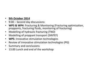 • 9th October 2014 
• 9:00 – Second day discussions: 
• WP3 & WP4: Fracturing & Monitoring (Fracturing optimization, 
proppants, fracturing fluids, monitoring of fracturing) 
• Modelling of hydraulic fracturing (TNO) 
• Modelling of proppant transport (SINTEF) 
• WP5: Innovative stimulation technologies 
• Review of innovative stimulation technologies (PG) 
• Summary and conclusions 
• 13.00 Lunch and end of the workshop 
 