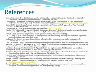 References
Carroll, T. G. (2000). If we didn’t already have the schools we have today, would we create the schools we have today?
Contemporary Issues in Technology and Teacher Education, 1(1), 117-140.
Chinnammai, S. (2005). Effects of globalization on education and culture. Paper presented at ICDE International
Conference. November 19-23, 2005. New Delhi, India. Retrieved from www.openpraxis.com/files/Article%20252.pdf
Creswell, J.W. (2009). Research design: Qualitative, quantitative, and mixed methods approaches. 3rd ed. Thousand
Oaks, CA: SAGE Publication.
Cunningham, W. (2005). Ward Cunningham. Retrieved from http://c2.com/ward/
Fougler, T. S., Williams, M. K., Wetzel, K. (2008). We innovate: The role of collaboration in exploring new technologies.
International Journal of Teaching and Learning in Higher Education, 20(1), 28-38.
Jarvis, P. (2006). Towards a comprehensive theory of human learning. New York: Routledge.
Lai, Y.C. & Ng, E. M.W. (2011). Using wikis to develop student teachers' learning, teaching, and assessment capabilities.
Internet and Higher Education, (14), 15--26.
Lankshear, C. & Knobel, M. (2007). Researching new literacies: Web 2.0 practices and insider perspectives. E–
Learning, 4(7), 224-240.
Lave, J. & Wenger, E. (1991). Situated learning: Legitimate peripheral participation. New York: Cambridge University Press.
Matthew, K. I., Felvegi, E., & Callaway, R. A. (2009). Wiki as a collaborative learning tool in a language arts methods class.
Journal of Research on Technology in Education, 42(1), 51-72.
Merriam, S. B. (2009). Qualitative research: A guide to design and implementation. San Francisco, CA: Josey Bass.
Rheingold, H. (2012). Net smart: How to thrive online. Cambridge, MA: MIT Press.
Richardson, W. (2010). Navigating social networks as learning tools. In Bellanca, J & Brandt, R. (Eds.), 21st century skills:
Rethinking how students learn (284-303). Bloomington, IN: Solution Tree.
Weber, E. (2007). Globalization, “glocal” development, and teachers’ work: A research agenda. Review of Educational
Research, 77(3), 279-309.
Wenger, E. (1998). Communities of practice: Learning, meaning, and identity. New York: Cambridge University Press.
Wenger, E. (2008). Communities of practice: A brief introduction. Retrieved January 2, 2008, from
http://ewenger.com/theory/index.htm
Zhao, X. & Bishop, M. J. (2011). Understanding and supporting online communities of practice: Lessons learned from
Wikipedia. Educational Technology Research and Development, 59, 711–735.
 