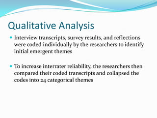 Qualitative Analysis
 Interview transcripts, survey results, and reflections
were coded individually by the researchers to identify
initial emergent themes
 To increase interrater reliability, the researchers then
compared their coded transcripts and collapsed the
codes into 24 categorical themes
 