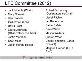 LFE Committee (2012)
• Jack Moehle (Chair)            • Robert Olshansky
• Mary Comerio                     (Observatory co-Chair)
• Ken Elwood                     • Liesel Ritchie
• Guillermo Franco               • Ian Robertson
• David Frost                    • Sahar Safaie
• Laurie Johnson                 • David Wald
  (Observatory co-Chair)         • Mason Walters
• Justin Marshall                • Sharon Wood
• Scott Miles                    • David Friedman (Board
• Judith Mitrani-Reiser            Contact)
                                 • Marjorie Greene (EERI
                                   Staff)

                   Updates on EERI Activities
 