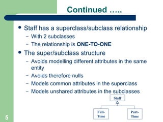 Continued …..
 Staff
–
–

With 2 subclasses
The relationship is ONE-TO-ONE

 The
–
–
–
–

has a superclass/subclass relationship

super/subclass structure

Avoids modelling different attributes in the same
entity
Avoids therefore nulls
Models common attributes in the superclass
Models unshared attributes in the subclasses
Staff


5

FullTime

PartTime

 