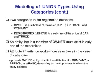 EER Modeling 45
Modeling of UNION Types Using
Categories (cont.)
 Two categories in car registration database.
– OWNER is a subclass of the union of PERSON, BANK, and
COMPANY
– REGISTRERED_VEHICLE is a subclass of the union of CAR
and TRUCK
 An entity that is a member of OWNER must exist in only
one of the superclass.
 Attribute inheritance works more selectively in the case
of categories.
e.g., each OWNER entity inherits the attributes of a COMPANY, a
PERSON, or a BANK, depending on the superclass to which the
entity belongs.
 