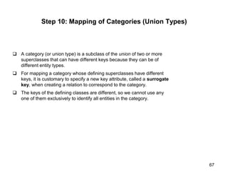 Step 10: Mapping of Categories (Union Types)
 A category (or union type) is a subclass of the union of two or more
superclasses that can have different keys because they can be of
different entity types.
 For mapping a category whose defining superclasses have different
keys, it is customary to specify a new key attribute, called a surrogate
key, when creating a relation to correspond to the category.
 The keys of the defining classes are different, so we cannot use any
one of them exclusively to identify all entities in the category.
67
 