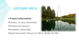 GATEWAY ARCH :
 Project Information
Location: , St. Louis, United States
Architect: Eero Saarinen,
Completion: 28 May 1962
project time period : February 12, 1963 to October 28, 1965
 