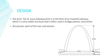 DESIGN
▪ The Arch: The St. Louis Gateway Arch is in the form of an inverted catenary,
which is a very stable structure that is often used in bridges,domes, and arches.
▪ the pioneer spirit of the men and women
 