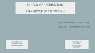 SCHOOL OF ARCHITECTURE
APEX GROUP OF INSTITUTION
SUBMITTED TO:
AR. PRIYADARSHINI
AGARWAL MA’AM
SUBMITTED BY:
ANURADHA
VI SEM,III YEAR
23-03-2022
SUBJECT: HISTORY OF ARCHITECTURE
TOPIC: POST MODERN ARCHITECTURE
 
