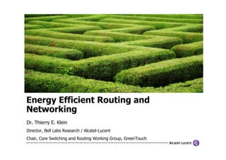 Energy Efficient Routing and
Networking
Dr. Thierry E. Klein
Director, Bell Labs Research / Alcatel-Lucent
Chair, Core Switching and Routing Working Group, GreenTouch
 