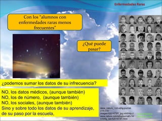 Marcial Medina Médico Escolar Con los “alumnos con enfermedades raras menos frecuentes” ¿podemos sumar los datos de su infrecuencia? NO, los datos médicos, (aunque también) NO, los de número,  (aunque también) NO, los sociales, (aunque también) Sino y sobre todo los datos de su aprendizaje, de su paso por la escuela,   www_nature_com-ejhg-journal-v14-n10-images-5201673f1_jpg.mht!http://www.nature.com/ejhg/journal/v14/n10/fig_tab/5201673f1.html ¿Qué puede pasar? 