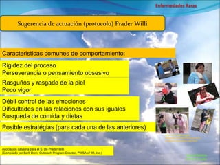 Marcial Medina Médico Escolar Sugerencia de actuación (protocolo) Prader Willi Caracteristicas comunes de comportamiento: Rigidez del proceso Perseverancia o pensamiento obsesivo Rasguños y rasgado de la piel Poco vigor Débil control de las emociones Dificultades en las relaciones con sus iguales Busqueda de comida y dietas Posible estratégias (para cada una de las anteriores) Asociación catalana para el S. De Prader Willi (Compilado por Barb Dorn, Outreach Program Director, PWSA of WI, Inc.) http :// investigacionspw . blogspot.com/2009/04/que-es-el- sindrome-de-prader-willi.html 