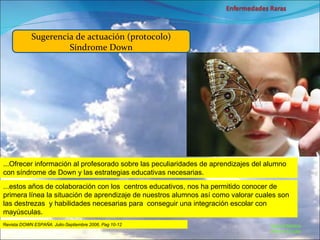 Marcial Medina Médico Escolar Sugerencia de actuación (protocolo) Síndrome Down ...Ofrecer información al profesorado sobre las peculiaridades de aprendizajes del alumno con síndrome de Down y las estrategias educativas necesarias. ... estos años de colaboración con los  centros educativos, nos ha permitido conocer de primera línea la situación de aprendizaje de nuestros alumnos así como valorar cuales son las destrezas  y habilidades necesarias para  conseguir una integración escolar con mayúsculas. Revista  DOWN ESPAÑA. Julio-Septiembre 2006. Pag 10-12 