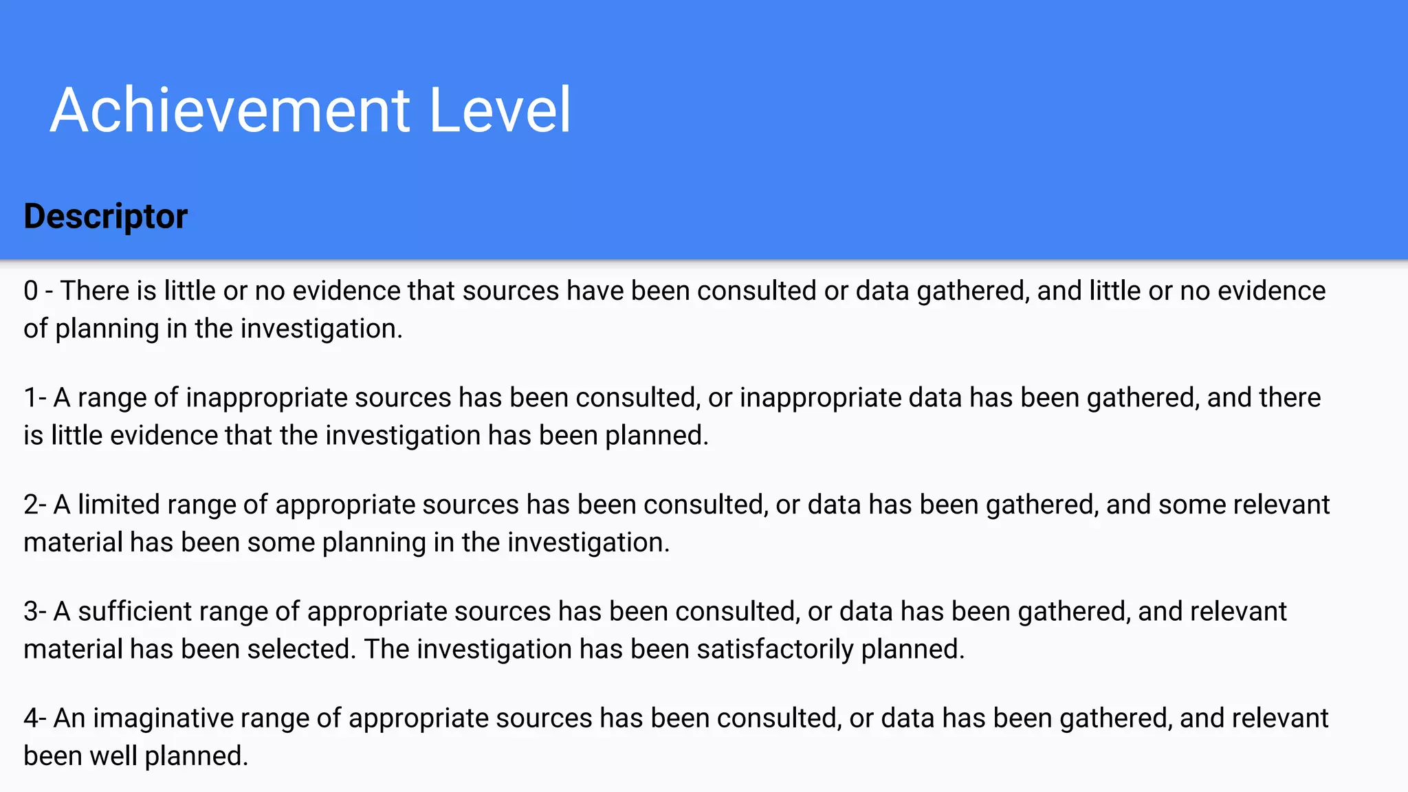Achievement Level
Descriptor
0 - There is little or no evidence that sources have been consulted or data gathered, and little or no evidence
of planning in the investigation.
1- A range of inappropriate sources has been consulted, or inappropriate data has been gathered, and there
is little evidence that the investigation has been planned.
2- A limited range of appropriate sources has been consulted, or data has been gathered, and some relevant
material has been some planning in the investigation.
3- A sufficient range of appropriate sources has been consulted, or data has been gathered, and relevant
material has been selected. The investigation has been satisfactorily planned.
4- An imaginative range of appropriate sources has been consulted, or data has been gathered, and relevant
been well planned.
 