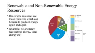 Renewable and Non-Renewable Energy
Resources
• Renewable resources are
those resources which can
be used to produce energy
again and again
• (example: Solar energy,
Geothermal energy, Tidal
energy etc)
 